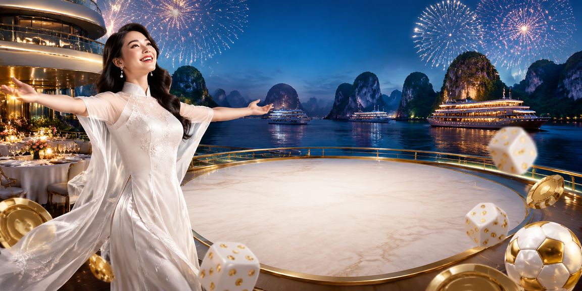 Người mặc áo dài tại Hạ Long Bay cầm xúc xắc tài xỉu – biểu tượng may mắn và giải trí
